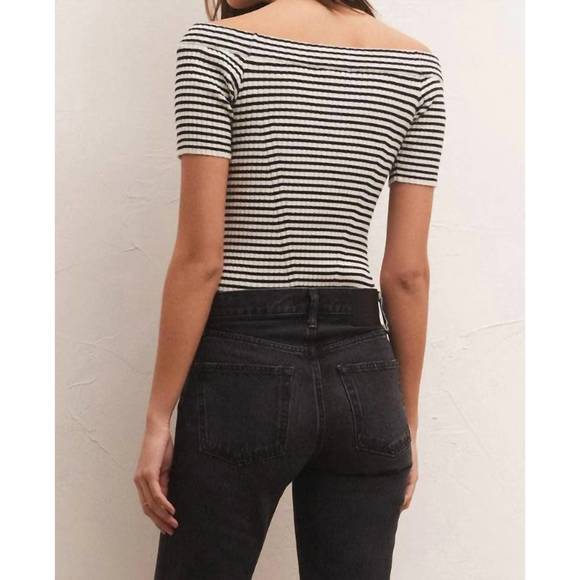 NEW Z SUPPLY birdie off shoulder stripe top in black/sandstone - Picture 4 of 4